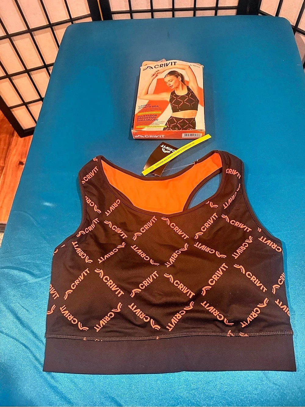 CRIVIT Ladies Sports Bra Sports Bra Geometric Black & Orange Size Large NWT (G3)